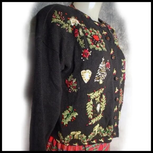 Black Christmas Sweater Lavish Ornate NOT UGLY Holiday Tiara Vintage - Picture 6 of 15